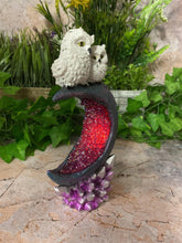 Load image into Gallery viewer, Twin Owls Resting on Crescent Moon Sculpture | Handmade Resin Art with LED Light-OsirisTradingUK
