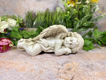 Load image into Gallery viewer, Sleeping Cherub Resin Statue, Angelic Memorial Sculpture, Peaceful Grave Decoration, Garden Angel, Serene Cemetery Art
