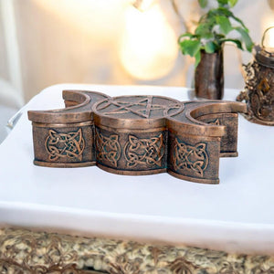 Triple Moon Goddess Bronze Trinket Box 18.5cm - Celtic Wiccan Storage Decor