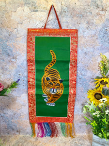 Tibetan Tiger Banner, Embroidered Wall Hanging, Traditional Brocade Silk & Polyester Decor, Spiritual Art Piece, 30x68cm-OsirisTradingUK