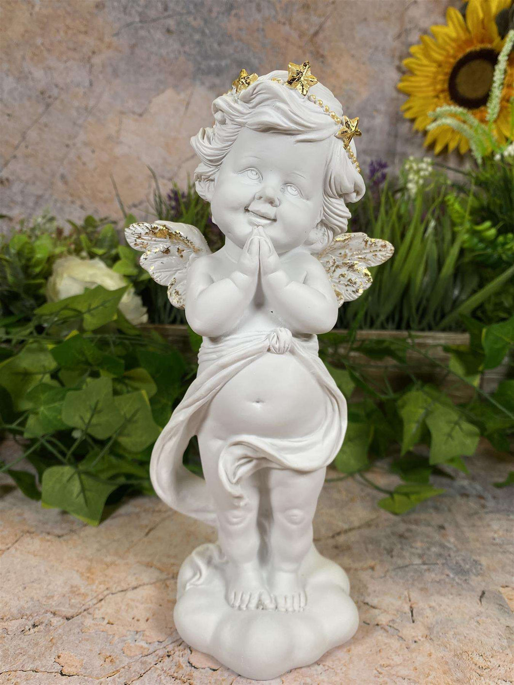 Cherubic Angel Figurine with Golden Crown - Handcrafted Resin Statue - Whimsical Home Decor - Boxed and Ideal for Gifting-OsirisTradingUK