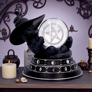 Witch's Familiar Cat Figurine Crystal Ball Gothic Wiccan Ornament Pagan Occult Art