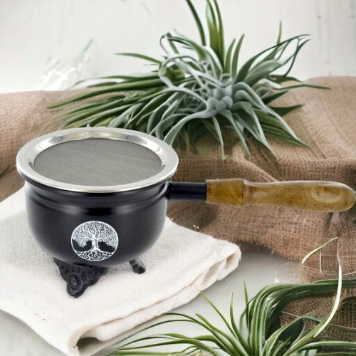 Tree of Life Incense Burner with Wooden Handle - Artisanal Metal & Wood Incense Holder for Meditation and Rituals-OsirisTradingUK