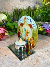 Load image into Gallery viewer, Irish Our Lady of Knock Glass Votive Light Holder, Handmade Marian Devotional Candle, Spiritual Irish Shrine Decor, Religious Table Accent
