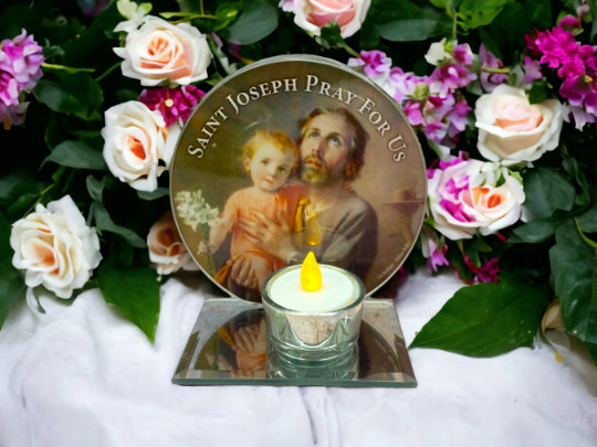 Sacred Saint Joseph and Child Jesus Glass Votive Candle Holder - Devotional Christian Altar Piece for Prayer and Reflection-OsirisTradingUK
