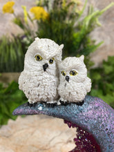 Load image into Gallery viewer, Twin Owls Resting on Crescent Moon Sculpture | Handmade Resin Art with LED Light-OsirisTradingUK

