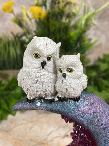 Twin Owls Resting on Crescent Moon Sculpture | Handmade Resin Art with LED Light-OsirisTradingUK