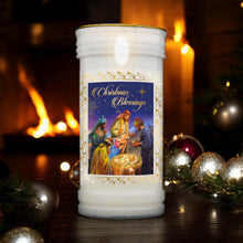 Load image into Gallery viewer, Christmas Blessings Nativity Pillar Candle with Gold Foil – 14x6cm Christmas Decor, Festive Holy Family Scene Candlelight, Religious Holiday Ornament
