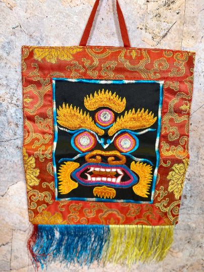 Tibetan Mahakala Embroidered Banner, Silk Brocade & Cotton Wall Hanging, Spiritual Protection Decor, Traditional Buddhist Art, 24x36cm-OsirisTradingUK