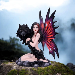 Shadow Spirit Fairy and Wolf Figurine 34.5cm - Handcrafted Resin Fantasy Decor