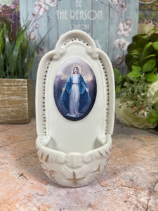 Porcelain Our Lady of the Miraculous Virgin Mary Water Font | Elegant Religious Decor | Holy Water Vessel | 13.5 cm
