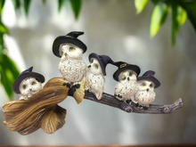 Load image into Gallery viewer, Owl Family on Broomstick Resin Figurine - Witchy Decor, Whimsical Sculpture Gift
