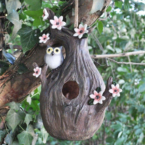 Bird House with Pink Flowers Birds Feeder Garden Ornament Decoration
