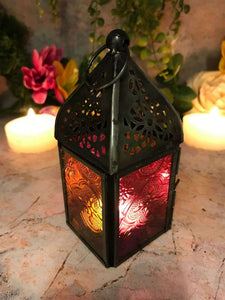 Antique Effect Moroccan Style Zinc Lantern Multicoloured Candle Tealight Holder-OsirisTradingUK
