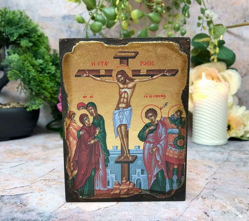 Crucifixion of Jesus Christ Picture Icon Style Religious Wall Plaque Decor-OsirisTradingUK