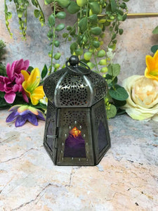 Antique Effect Moroccan Style Lantern Candle Purple Glass Tealight-OsirisTradingUK