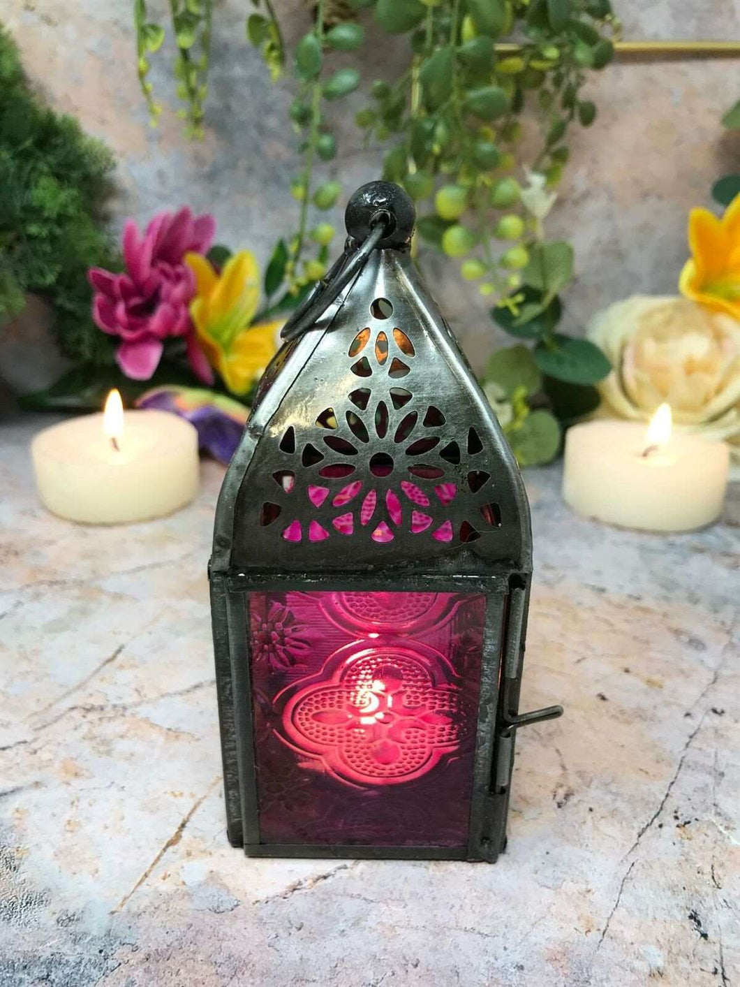 Antique Effect Moroccan Style Zinc Lantern Multicoloured Candle Tealight Holder-OsirisTradingUK