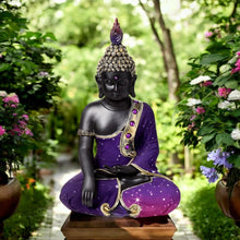 Laden Sie das Bild in den Galerie-Viewer, Thai Buddha Meditation Figurine | Black &amp; Purple Zen Statue | 30cm Resin Home Decor
