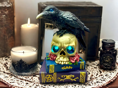 Mystical Raven on LED Skull with Witchcraft Books | Gothic Home Decor | Halloween Decoration Raven Figurine | Witchcraft Gift | Occult Decor-OsirisTradingUK