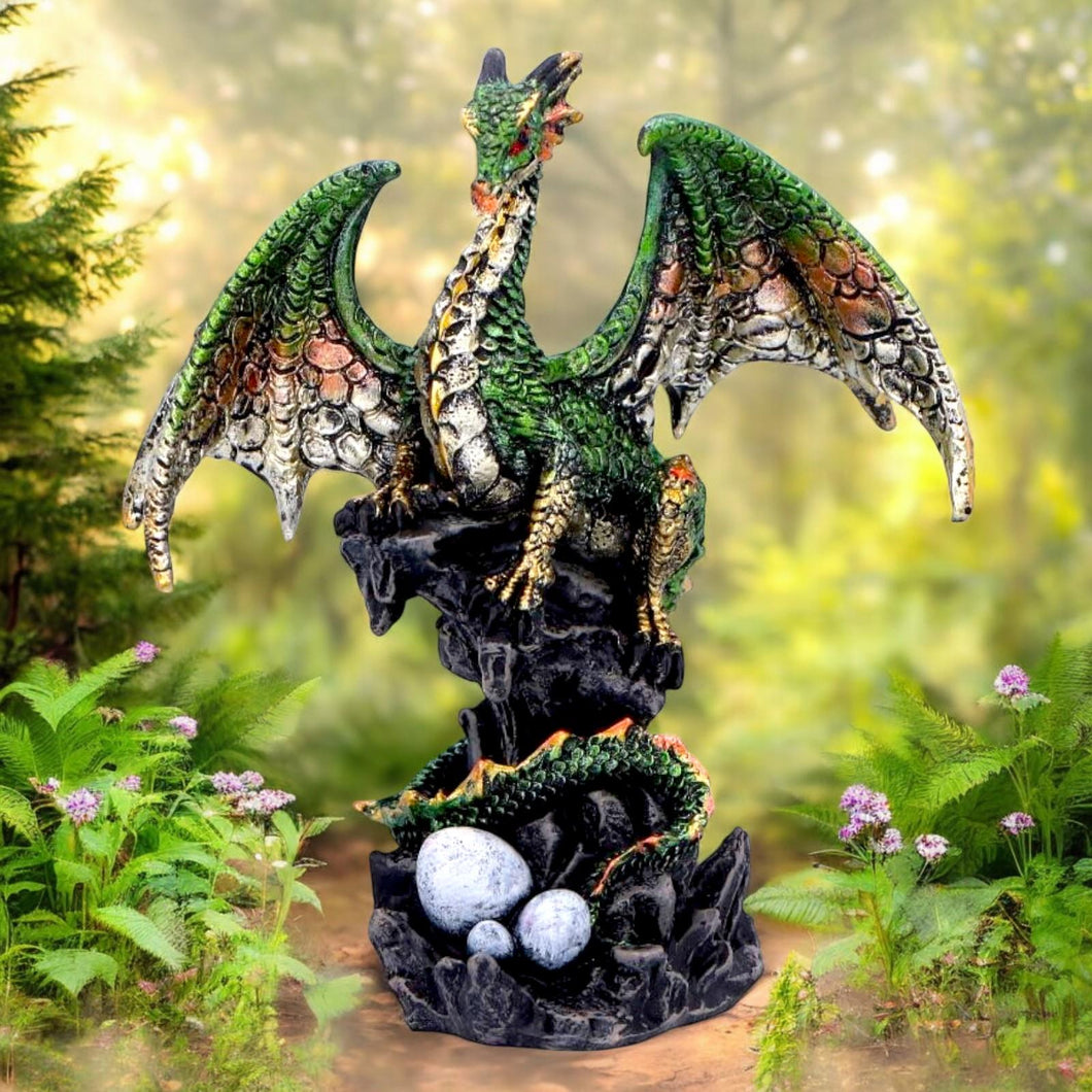 Fantasy Dragon Sculpture Guardian of Eggs Figurine Gothic Metallic Accents decor