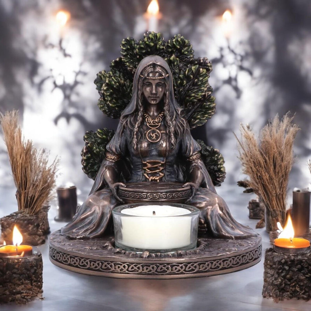 Danu Irish Goddess Bronze Tealight Holder | Celtic Decor | Handcrafted Resin 12.5cm