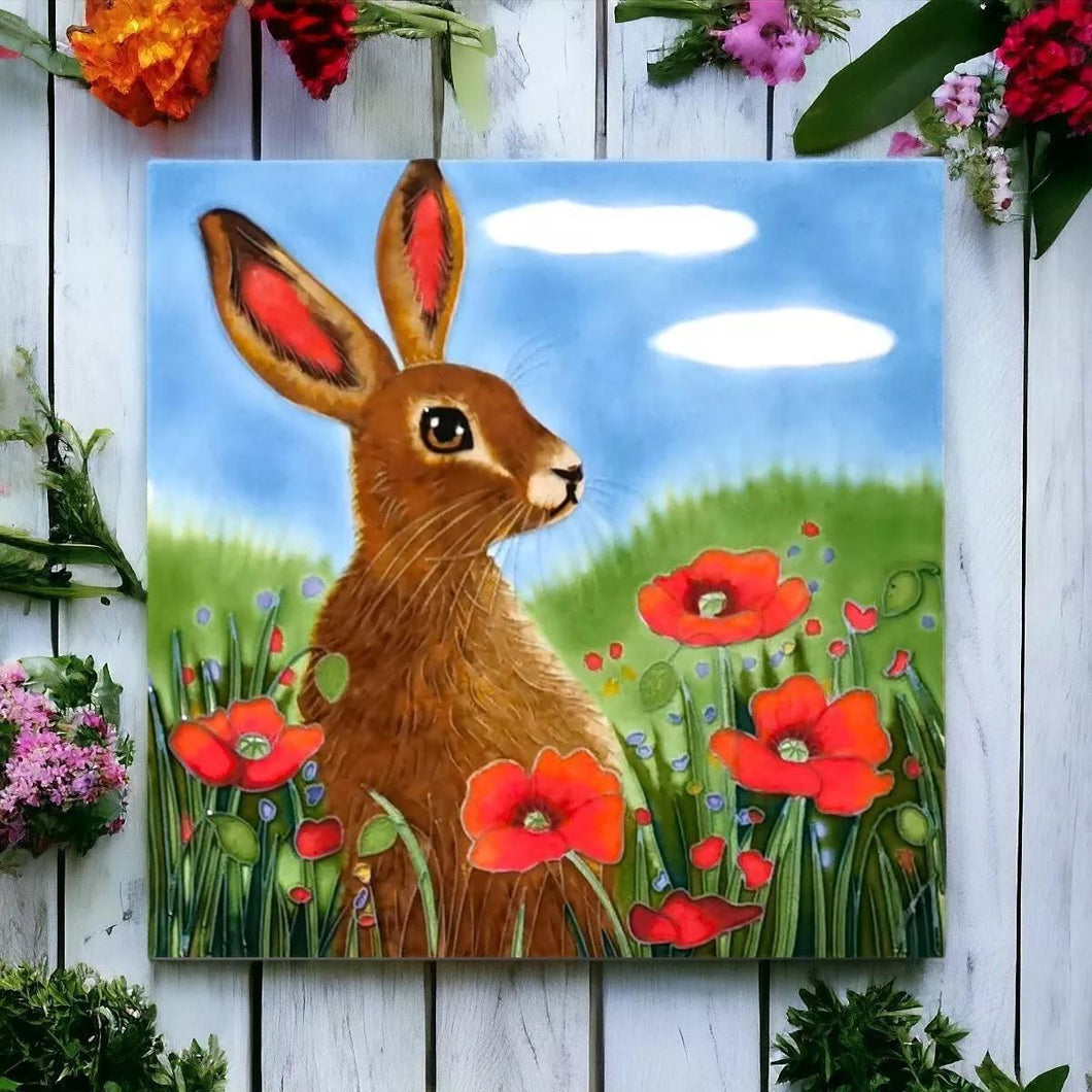 Vivid Poppy Hare Ceramic Picture Tile by Judith Yates Lively Nature Scene Decor-OsirisTradingUK