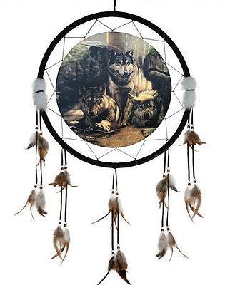 Large 60cm Wolf Pack Dreamcatcher, Native American Inspired Wall Decor, Feathered Sleep Guardian