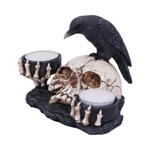 Gothic Skull Candle Holder with Raven - Dark Home Decor Ornament 15cm