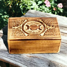 Load image into Gallery viewer, Artisan-Crafted Triple Moon Wooden Box | Mystical Carving and Storage | Handmade Organizer | Spiritual Home Decor-OsirisTradingUK
