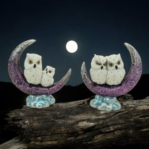 Set of 2 Snowy Owl on Moon Figurines - Fantasy Decor - Resin Art Sculpture-OsirisTradingUK