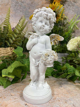 Load image into Gallery viewer, Elegant Cherub with Golden Rose Basket Statue, Artisanal Cherub Sculpture, Heavenly Floral Decor, Angelic Figurine, Unique Handcrafted Gift-OsirisTradingUK
