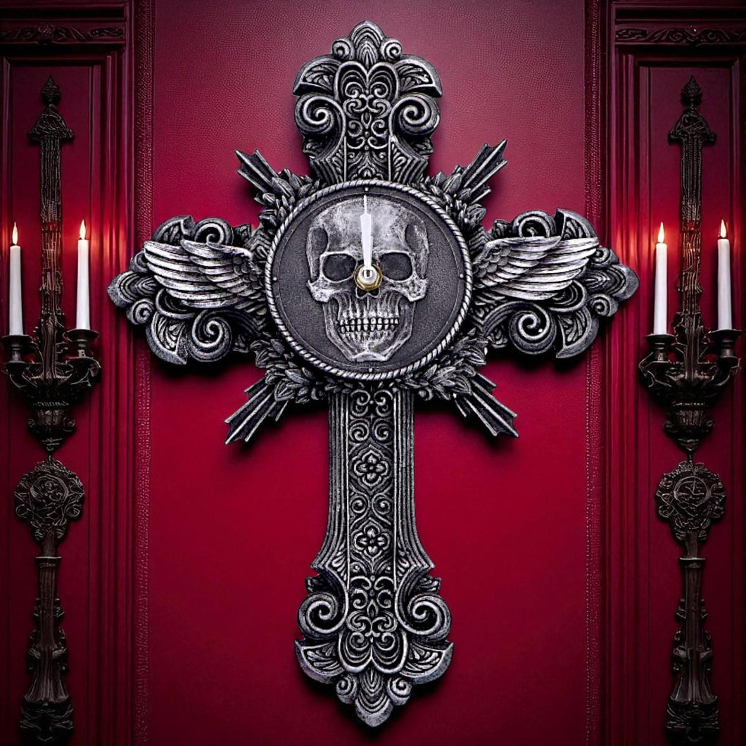 Horas Gothic Wall Clock Skull Cross Wings Silver Dark Fantasy Halloween Decor