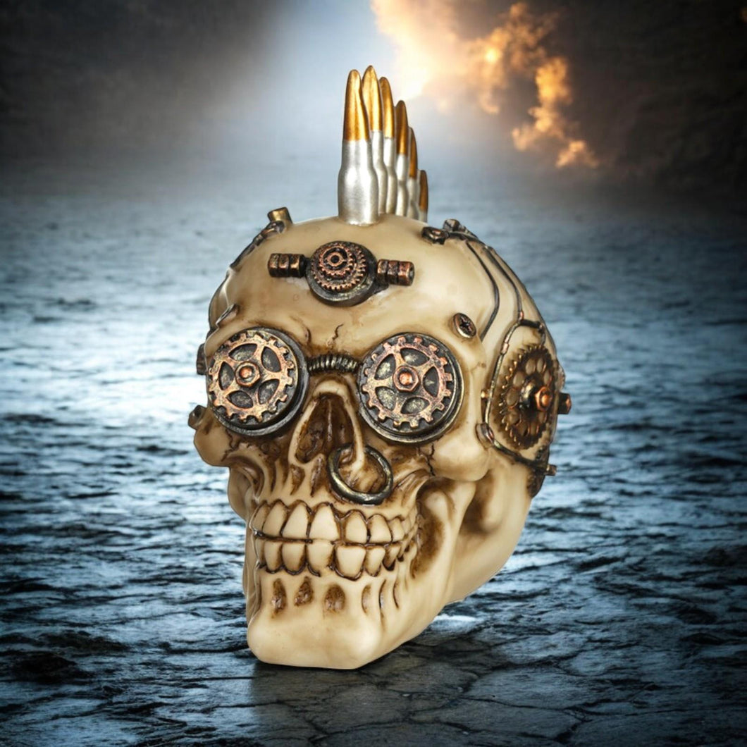 Gothic Steampunk Skull Figurine Bullet Mohawk Fantasy Statue Unique Decor Gift