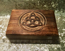Load image into Gallery viewer, Celtic Style Wooden Triquetra Tarot Cards Box Wiccan Pagan Decor
