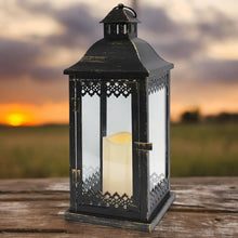 Load image into Gallery viewer, Elegant Metal and Glass Outdoor Lantern with Fixed LED Candle and Timer - 40 CM - Batteries Included-OsirisTradingUK
