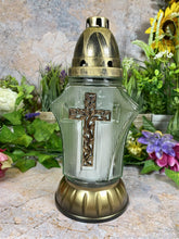 Load image into Gallery viewer, Handmade Glass Grave Candle Holder – 26x11 cm with Cross Design, Eternal Light Memorial, Spiritual Cemetery Decor, Sacral Vigil Light
