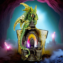 Load image into Gallery viewer, Gothic Mystical Dragon Perched on Castle with Book and Pentagram Fantasy Gift
