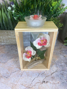 Elegant Orchid Artificial Flower Arrangement with Wooden Candle Holder - 19 cm Tall - White-OsirisTradingUK