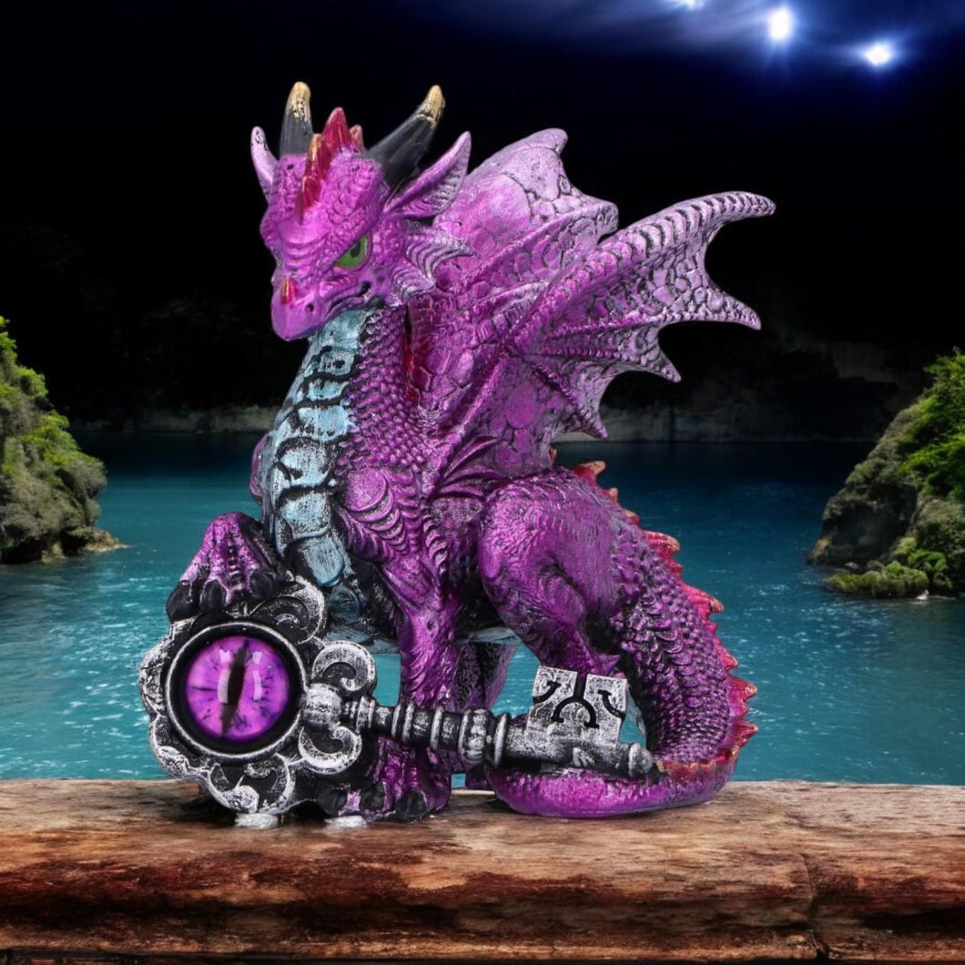 Mystical Purple Dragon Ornament with Eye Key – Gothic Resin Figurine Fantasy Decor