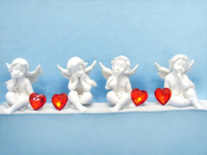 Cherubic Sentinels with Crystal Hearts - Set of 4 Angelic Resin Cherubs, Captivating Love Guardians Home Decor