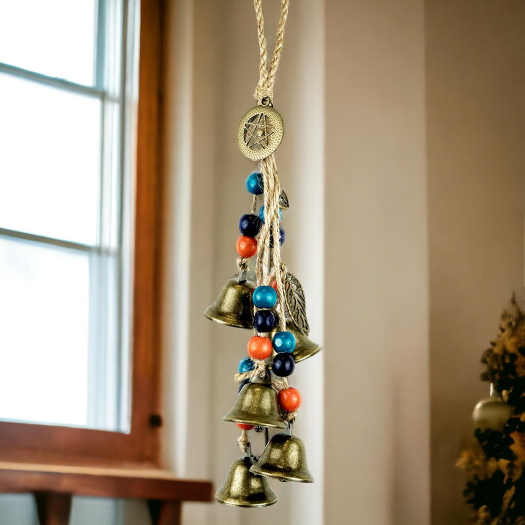 Enchanted Witch Protection Hanging Bells - 32cm Ritualistic Decor - Magical Metal Bells with Beads and Rope - Wiccan Home Protection Amulet-OsirisTradingUK