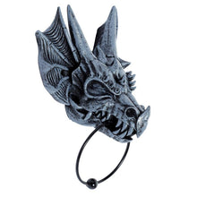 Load image into Gallery viewer, Gothic Dragon Skull Door Knocker – Medieval Stone Effect Fantasy Home Wall Decor
