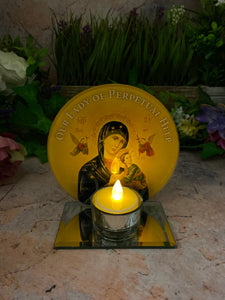 Our Lady of Perpetual Help Glass Candle Holder, Handmade Religious Votive, Christian Iconic Illumination, Spiritual Tabletop Decor-OsirisTradingUK