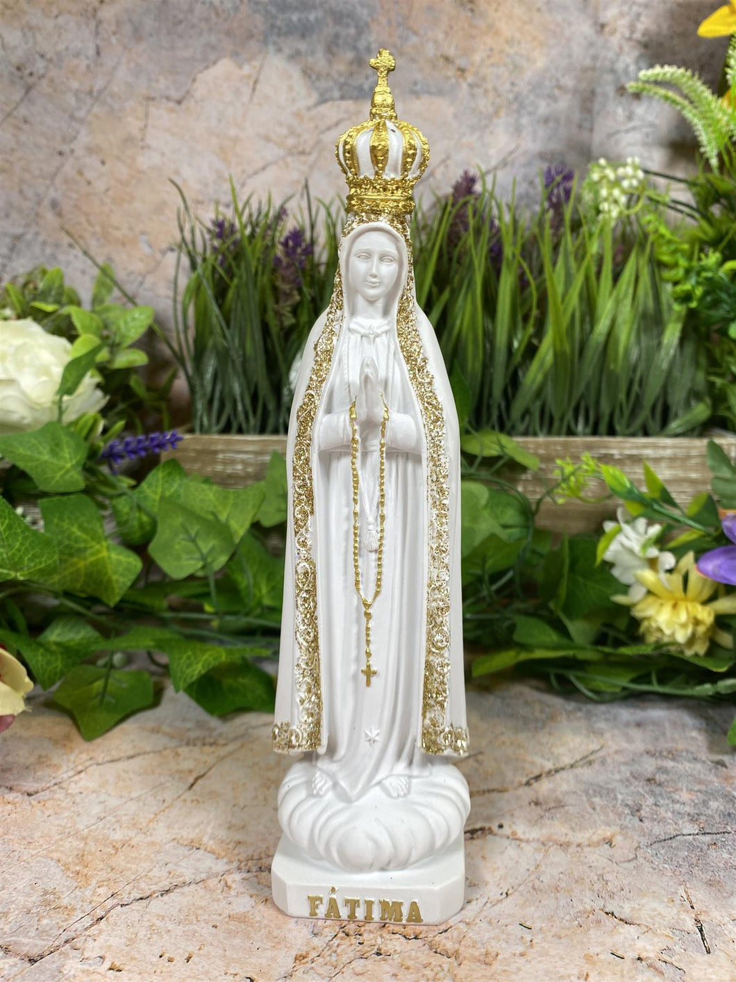Resin Statue of Our Lady of Fatima, Religious Figure with Golden Accents, Elegant Virgin Mary Sculpture, Spiritual Christian Decor
