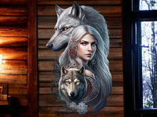 Load image into Gallery viewer, Mystic Wolf Spirit Metal Wall Sign - Enchanting She-Wolf &amp; Warrior Art, Silver Embossed Fantasy Wall Decor-OsirisTradingUK
