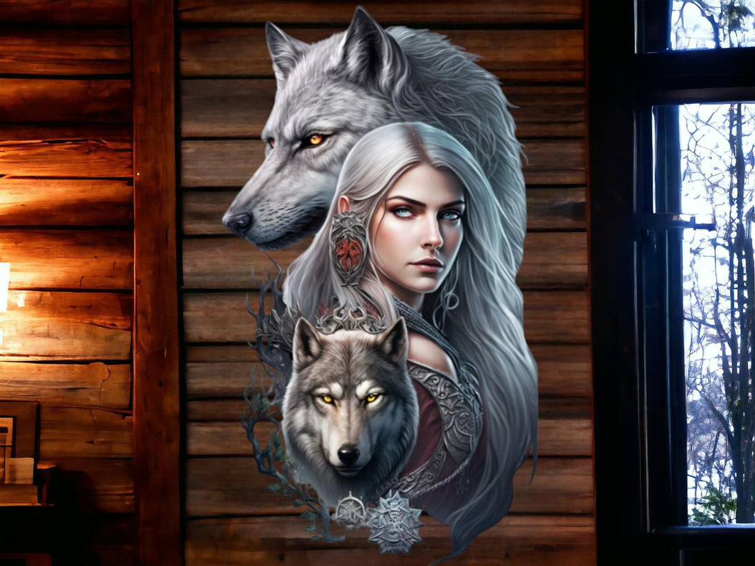 Mystic Wolf Spirit Metal Wall Sign - Enchanting She-Wolf & Warrior Art, Silver Embossed Fantasy Wall Decor-OsirisTradingUK