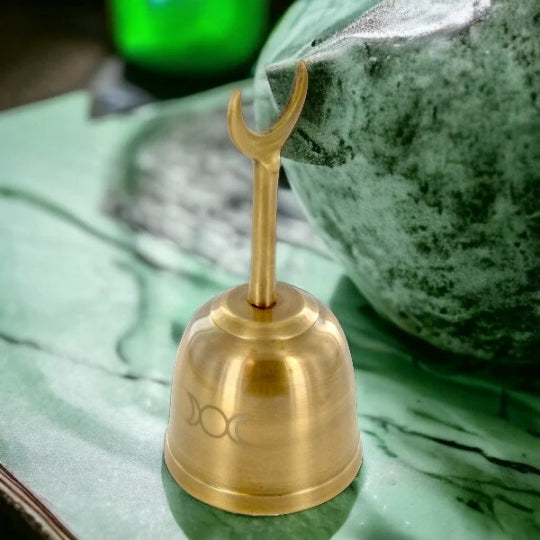 Brass Altar Bell with Triple Moon Engraving - Wiccan Ritual Tool - Spiritual, Harmonic Decor - Pagan Altar Accessory
