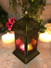 Load image into Gallery viewer, Moroccan Style Brass Lantern Antique Multicoloured Glass Tea Light Candle Holder Home Decoration
