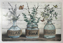 Load image into Gallery viewer, Farmhouse Bathroom Metal Wall Sign Relax Soak Unwind Rustic Country Plaque
