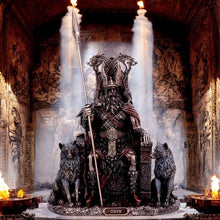 Load image into Gallery viewer, Bronze Odin All Father Figurine | Norse Mythology Statue with Wolves and Throne 22cm
